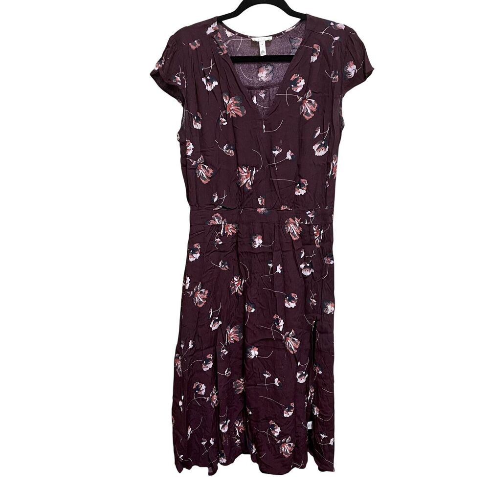 Leith Women's Burgundy Floral V-Neck Cap Sleeve Midi Dress Size M